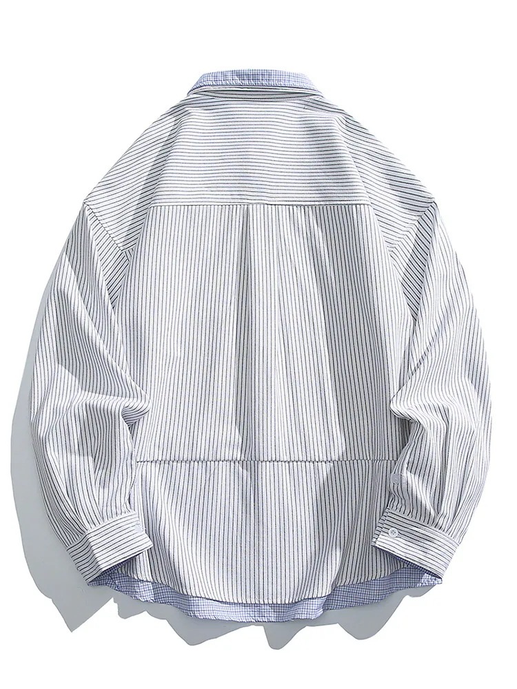 ブラウス メンズ 春と秋の新しいストライプメンズシャツ潮スプライシングフェイク2ピースシャツメンズ 長袖 韓国 メンズファッション オフィス シャツ