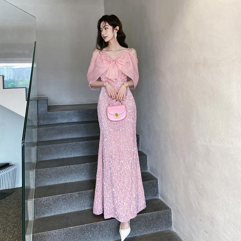 ピンクのイブニングドレス2024高級フィッシュテールスカート女性ホスト卒業式 ピンクのイブニングドレス2024高級フィッシュテールスカート女性ホスト卒業式