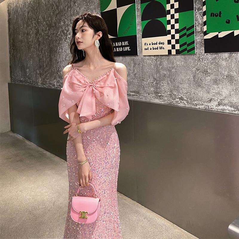 ピンクのイブニングドレス2024高級フィッシュテールスカート女性ホスト卒業式 ピンクのイブニングドレス2024高級フィッシュテールスカート女性ホスト卒業式