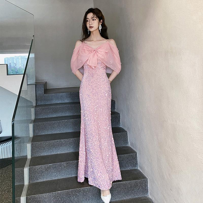 ピンクのイブニングドレス2024高級フィッシュテールスカート女性ホスト卒業式 ピンクのイブニングドレス2024高級フィッシュテールスカート女性ホスト卒業式