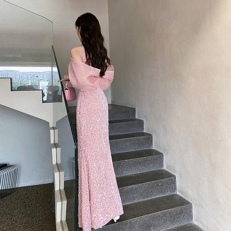 ピンクのイブニングドレス2024高級フィッシュテールスカート女性ホスト卒業式 ピンクのイブニングドレス2024高級フィッシュテールスカート女性ホスト卒業式