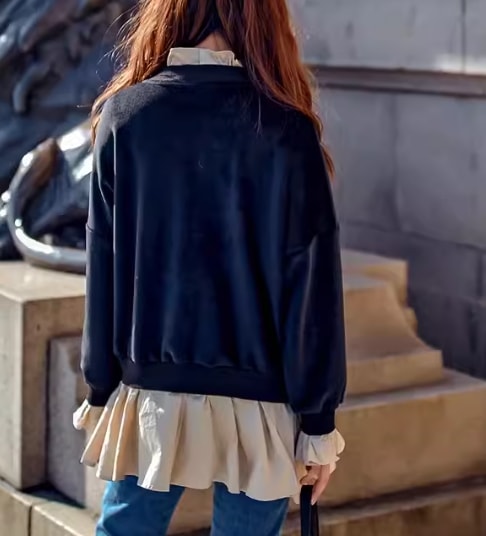 重ね着風 フェイクレイヤード フェイクツーピース レディース トップス プルオーバー トレーナー スウェット ミドル丈 長袖 ラウンドネック ストレート フリル 薄手 ベルベット 大人可愛い きれいめ