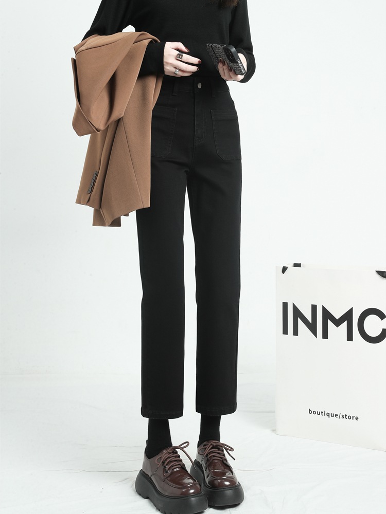 ハイウエストジーンズ女性ストレート新しい緩い小さな薄いレlトロ9分パンツ