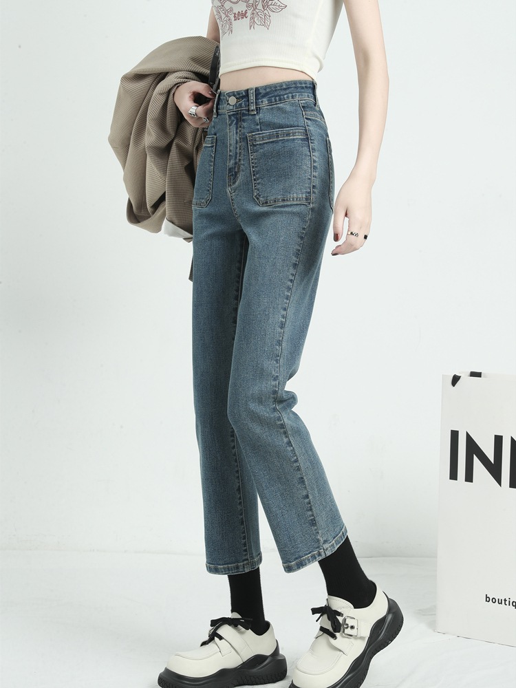 ハイウエストジーンズ女性ストレート新しい緩い小さな薄いレlトロ9分パンツ