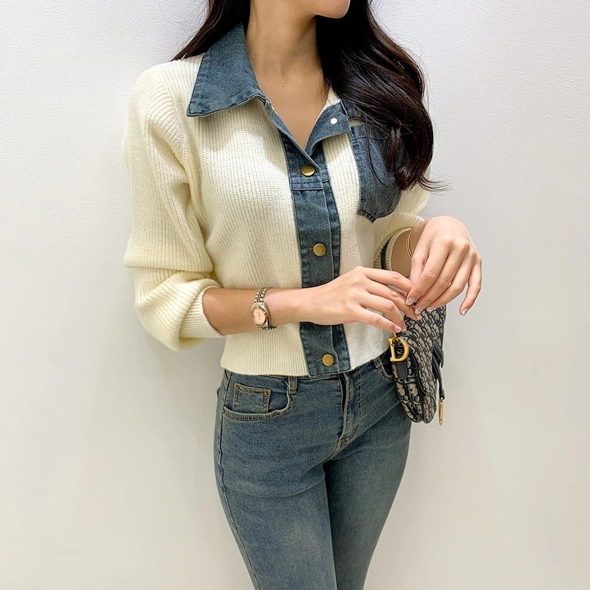 ニット セーター デニム Vネック 異素材ミックス 長袖 韓国 レディース オルチャン 白 ホワイト 黒 ブラック グレー 緑 切り替えデザイン 細身 襟付き ポケット 女子会