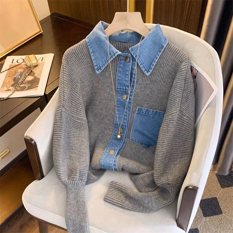 ニット セーター デニム Vネック 異素材ミックス 長袖 韓国 レディース オルチャン 白 ホワイト 黒 ブラック グレー 緑 切り替えデザイン 細身 襟付き ポケット 女子会