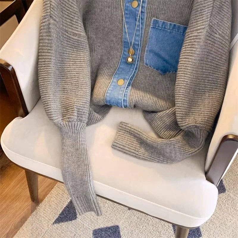 ニット セーター デニム Vネック 異素材ミックス 長袖 韓国 レディース オルチャン 白 ホワイト 黒 ブラック グレー 緑 切り替えデザイン 細身 襟付き ポケット 女子会