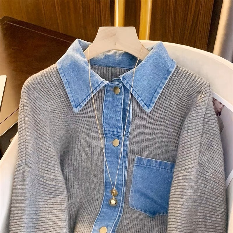 ニット セーター デニム Vネック 異素材ミックス 長袖 韓国 レディース オルチャン 白 ホワイト 黒 ブラック グレー 緑 切り替えデザイン 細身 襟付き ポケット 女子会