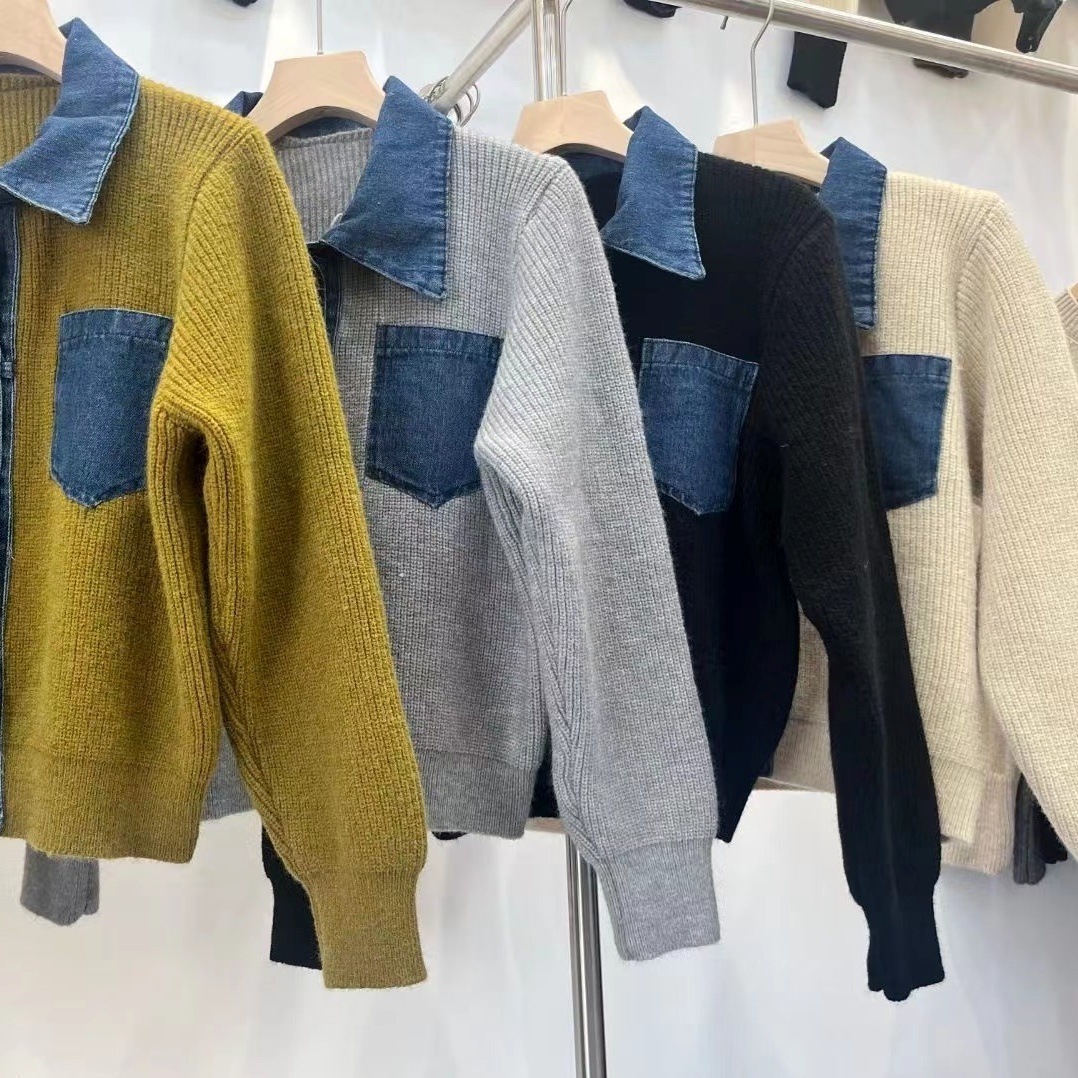 ニット セーター デニム Vネック 異素材ミックス 長袖 韓国 レディース オルチャン 白 ホワイト 黒 ブラック グレー 緑 切り替えデザイン 細身 襟付き ポケット 女子会