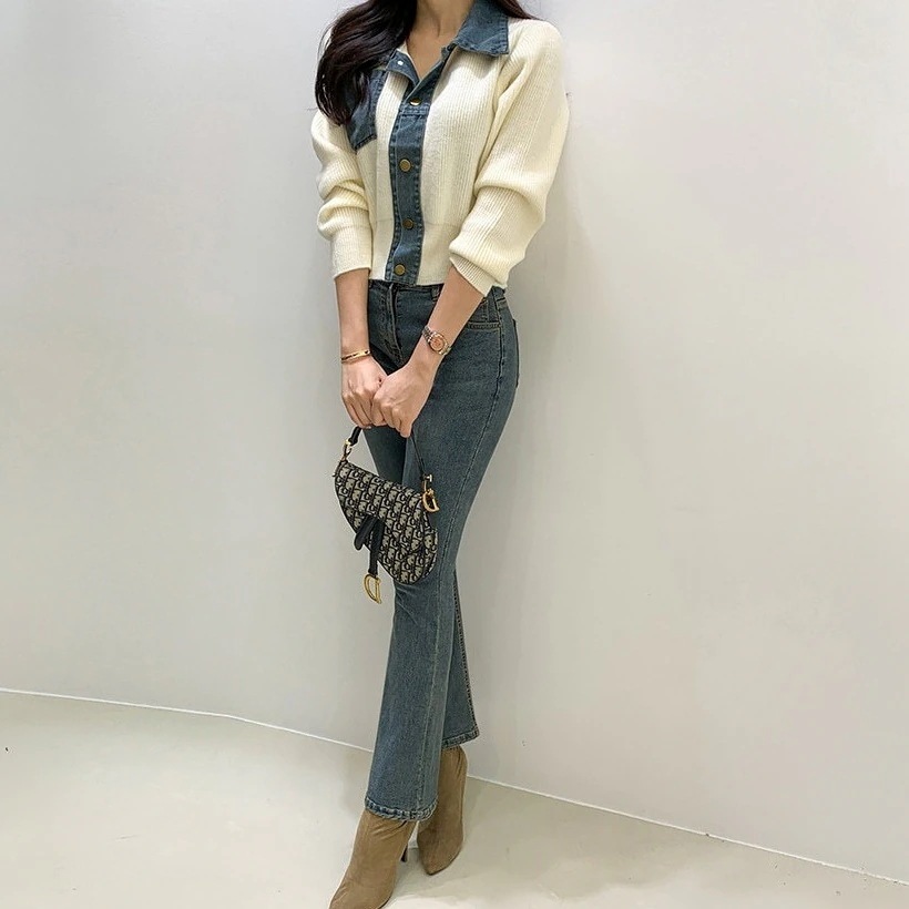 ニット セーター デニム Vネック 異素材ミックス 長袖 韓国 レディース オルチャン 白 ホワイト 黒 ブラック グレー 緑 切り替えデザイン 細身 襟付き ポケット 女子会