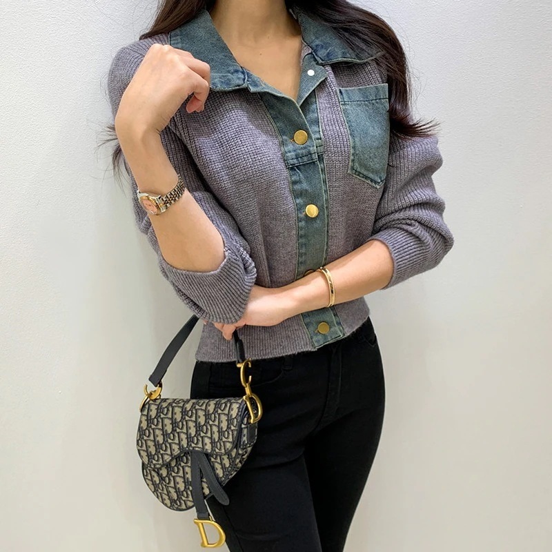 ニット セーター デニム Vネック 異素材ミックス 長袖 韓国 レディース オルチャン 白 ホワイト 黒 ブラック グレー 緑 切り替えデザイン 細身 襟付き ポケット 女子会