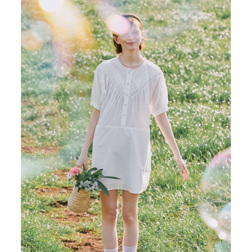 RONRON ピンタックレースパフミニドレスアイボリー