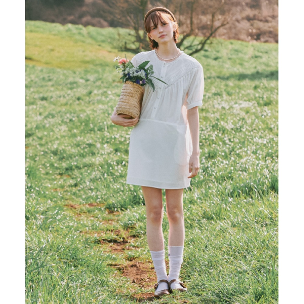 RONRON ピンタックレースパフミニドレスアイボリー