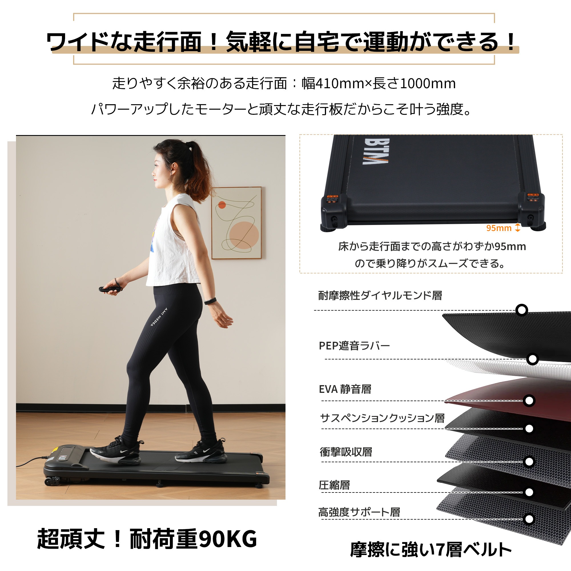 電動トレッドミル 室内トレッドミル 低床設計 MAX6km/h 薄型 シンプル おしゃれ ダイエット器具 有酸素運動 静音 折りたたみ