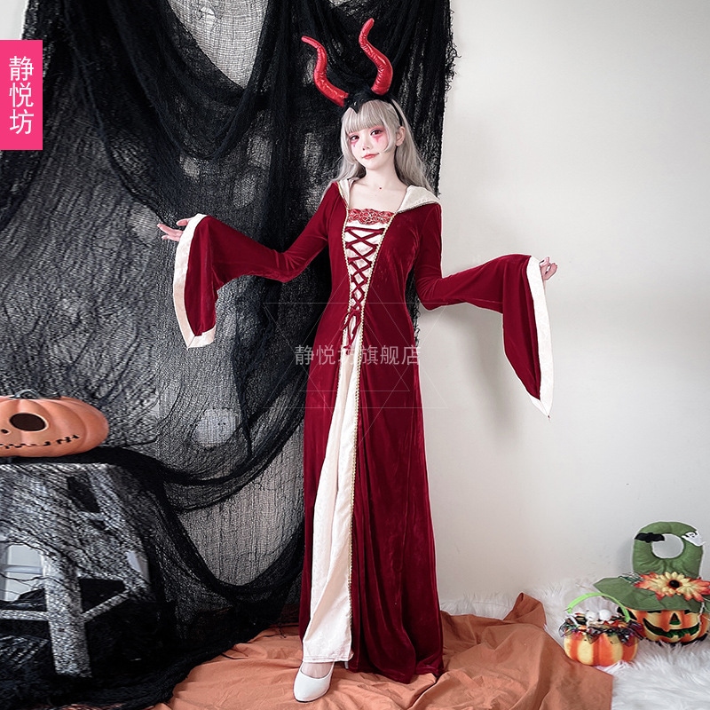 ハロウィン大人用コスチューム女性魔女ゾンビ吸血鬼赤ロングドレス女王女王ステージパーティー悪魔コスチューム ハロウィン大人用コスチューム女性魔女ゾンビ吸血鬼赤ロングドレス女王女王ステージパーティー悪魔コスチューム