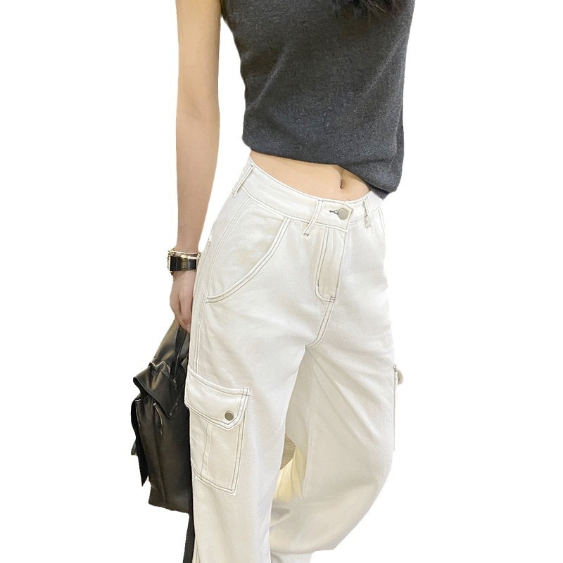 女性用ホワイトワークジーンズ2024春秋冬ハイウエストゆったりマルチポケットデザインワイドレッグフロアモップパンツ