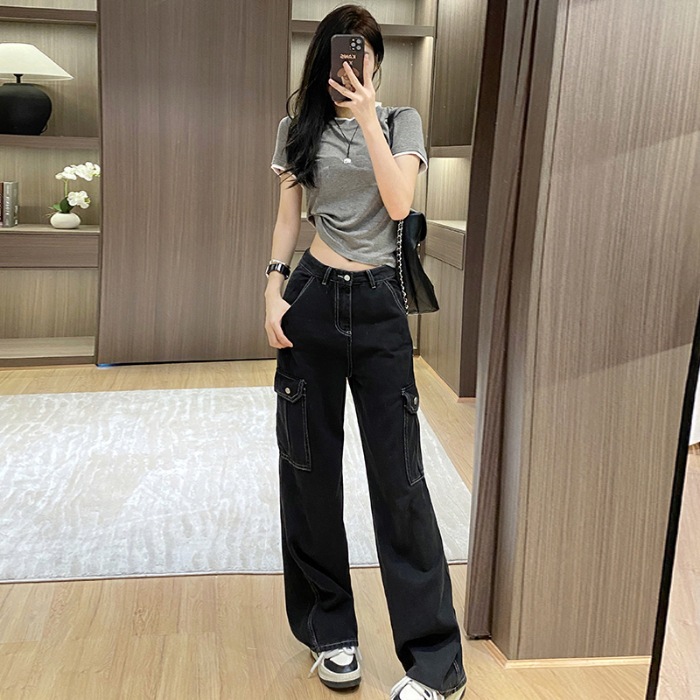 女性用ホワイトワークジーンズ2024春秋冬ハイウエストゆったりマルチポケットデザインワイドレッグフロアモップパンツ