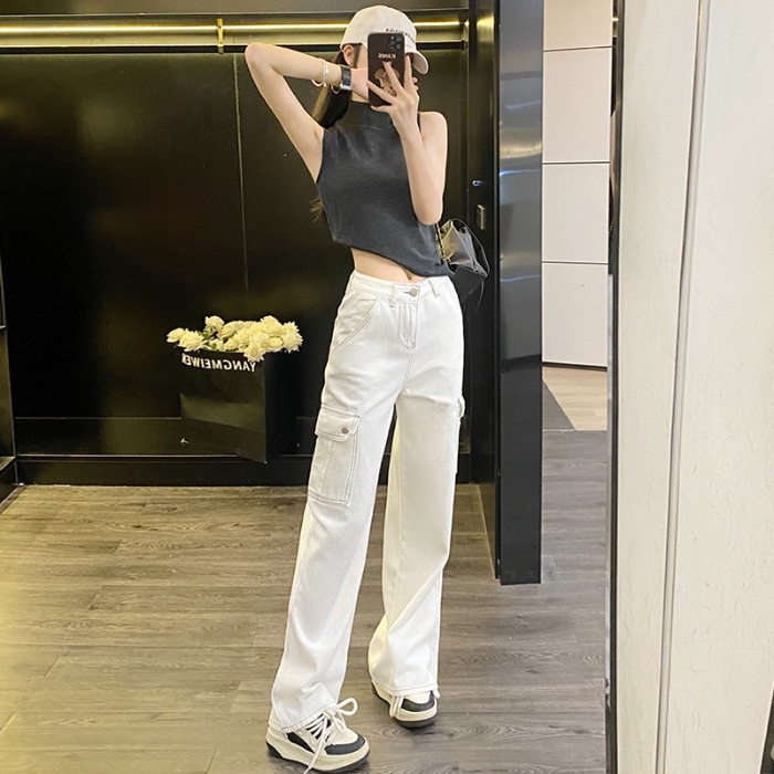 女性用ホワイトワークジーンズ2024春秋冬ハイウエストゆったりマルチポケットデザインワイドレッグフロアモップパンツ