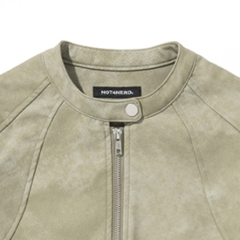 NOT4NERD W ビンテージクロップドレザージャケット-ライトカーキ NOT4NERD W ビンテージクロップドレザージャケット-ライトカーキ