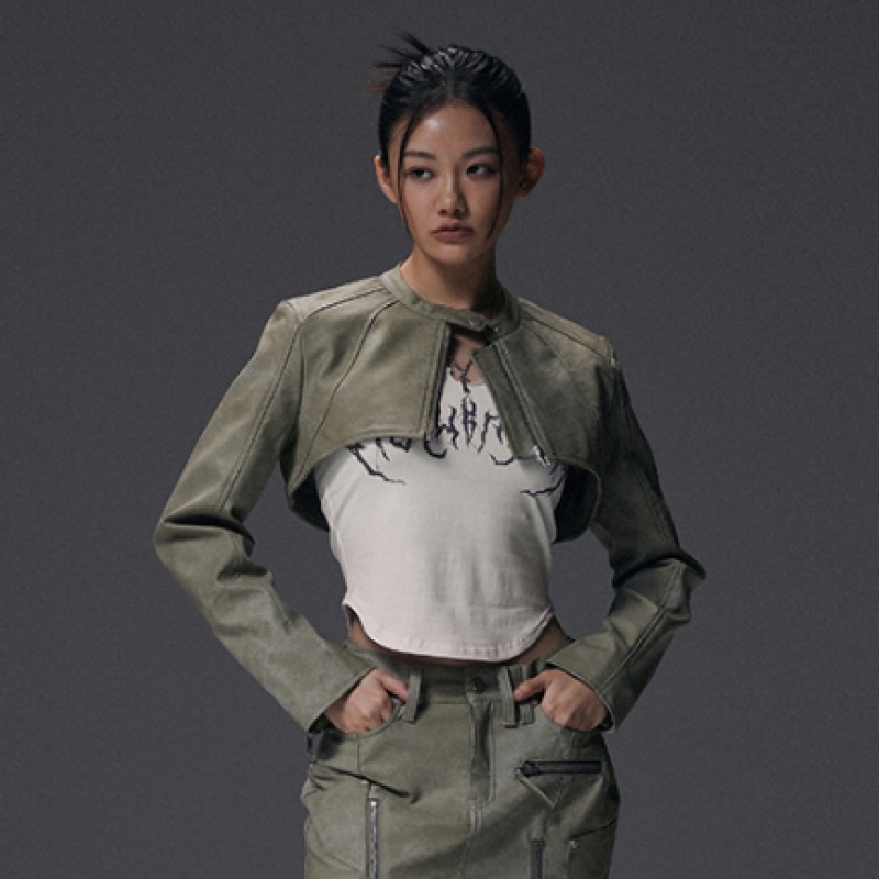 NOT4NERD W ビンテージクロップドレザージャケット-ライトカーキ NOT4NERD W ビンテージクロップドレザージャケット-ライトカーキ