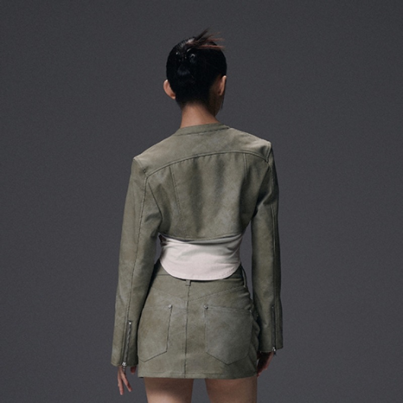 NOT4NERD W ビンテージクロップドレザージャケット-ライトカーキ NOT4NERD W ビンテージクロップドレザージャケット-ライトカーキ