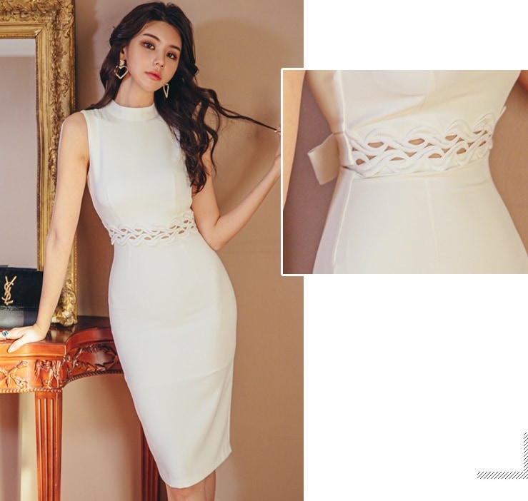 背中開き 膝丈 ドレス 衣装 ワンピース パーティードレス 膝丈ドレス ひざ丈 袖なし ノースリーブ スタンドカラー タイト スリム 切り替えデザイン バックリボン スリット バックスリット