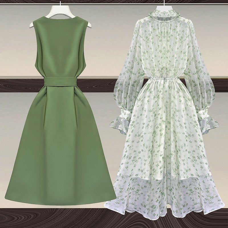 大きいサイズの女性のスーツのツーピースの洋風2025年の秋の気質の太った妹は薄くて花柄のドレスです 母の日 母の日-0008654 大きいサイズの女性のスーツのツーピースの洋風2025年の秋の気質の太った妹は薄くて花柄のドレスです 母の日 母の日-0008654