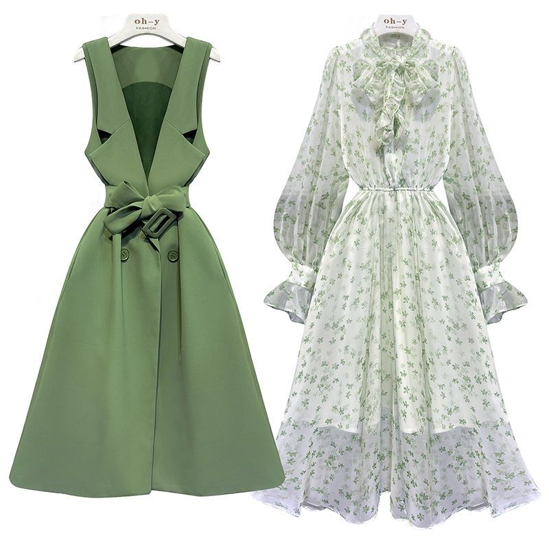 大きいサイズの女性のスーツのツーピースの洋風2025年の秋の気質の太った妹は薄くて花柄のドレスです 母の日 母の日-0008654 大きいサイズの女性のスーツのツーピースの洋風2025年の秋の気質の太った妹は薄くて花柄のドレスです 母の日 母の日-0008654