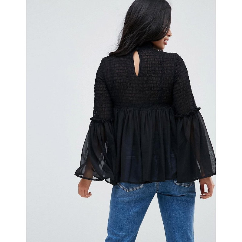 エイソス レディース トップス ブラウス・シャツ【ASOS PETITE Shirred Smock Blouse with Fluted Sleeve】Black エイソス レディース トップス ブラウス・シャツ【ASOS PETITE Shirred Smock Blouse with Fluted Sleeve】Black