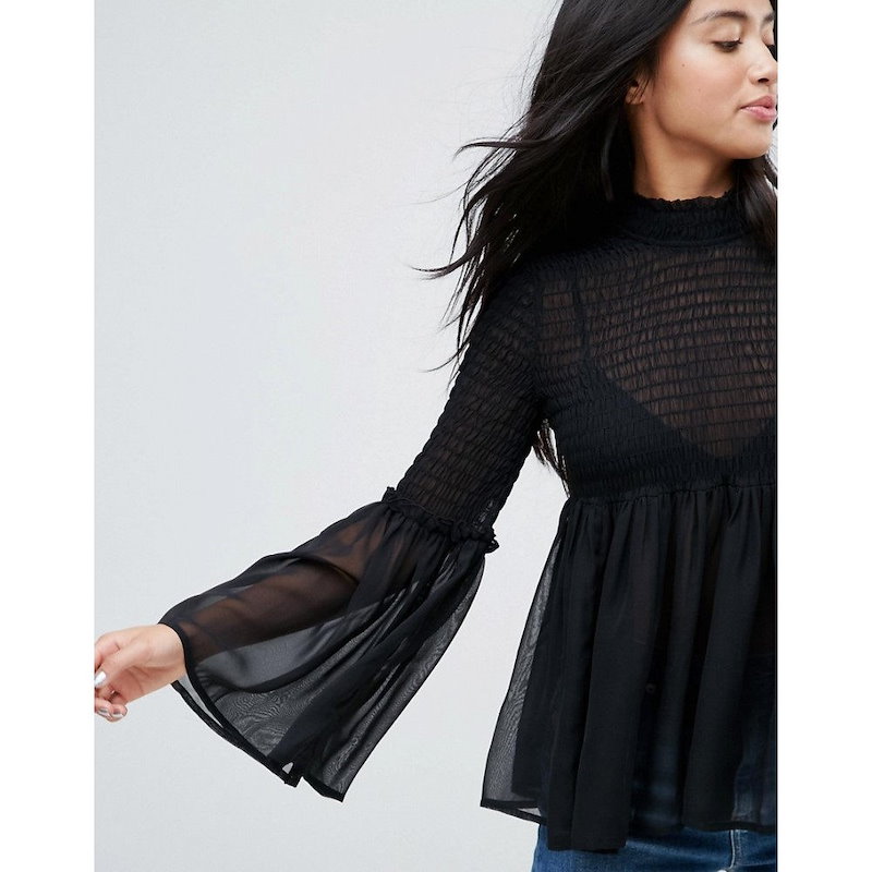 エイソス レディース トップス ブラウス・シャツ【ASOS PETITE Shirred Smock Blouse with Fluted Sleeve】Black エイソス レディース トップス ブラウス・シャツ【ASOS PETITE Shirred Smock Blouse with Fluted Sleeve】Black