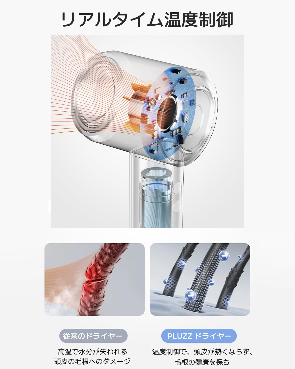 【フランスデザイン賞金賞】PLUZZ 大風量ドライヤー 速乾·軽量·美髪 2.7億イオンヘアケアと強力ブラシレスモーターヘアドライヤー 冷風ショット 温冷風ワンタッチ切替 12種類モード