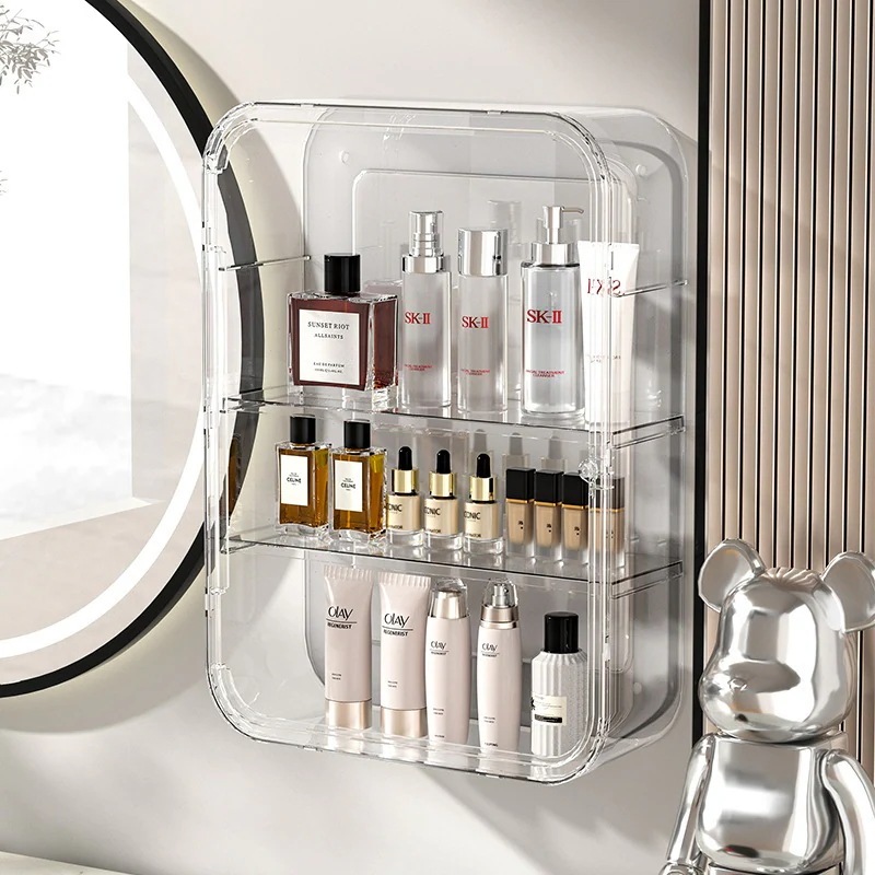 デスクトップスキンケア用品収納ボックス壁掛け式多層化粧品収納棚透明防塵香水口紅整理棚