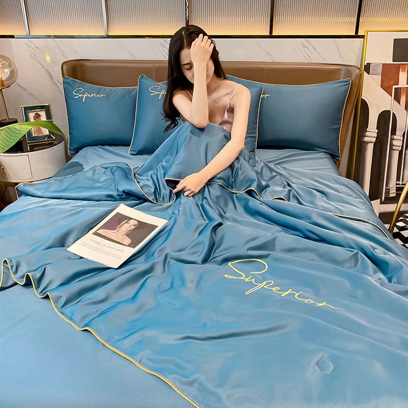 夏の涼しい寝具４点セット　涼感掛け布団１点＋シーツ１点＋枕カバー２点セット　選べる５色　３サイズ　サラサラ寝具　薄手涼感生地掛け布団　赤ちゃん肌にも優しい生地の寝具４点セット