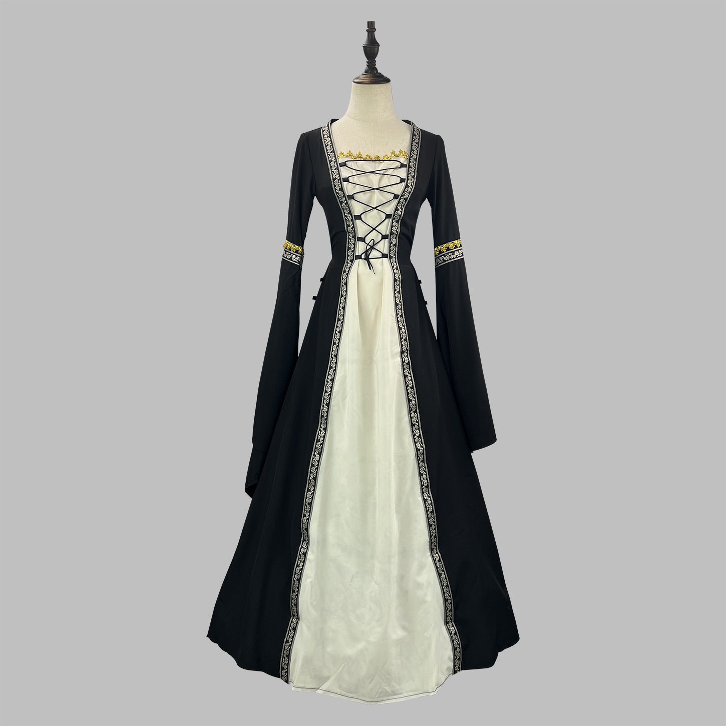 方襟ラッパ袖長いワンピースゴシック婦人服中世宮廷長い服大きいサイズ 方襟ラッパ袖長いワンピースゴシック婦人服中世宮廷長い服大きいサイズ