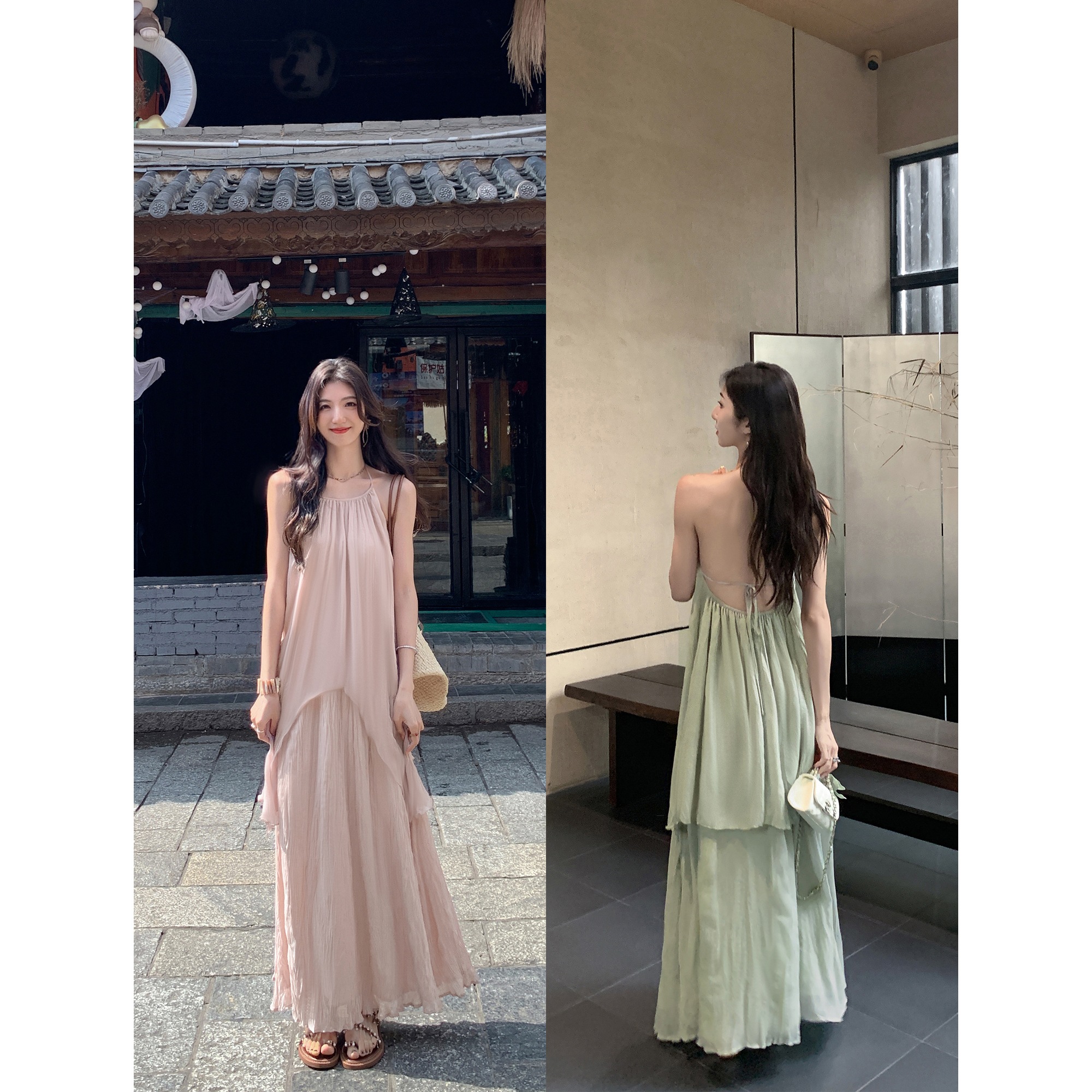 ムルバン休暇 ~ 首のストラップをかける女性の不規則な背中の袖なしの上着の半身の長いスカートの怠惰な感じのカバー ムルバン休暇 ~ 首のストラップをかける女性の不規則な背中の袖なしの上着の半身の長いスカートの怠惰な感じのカバー