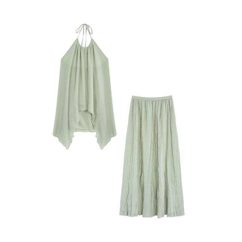 ムルバン休暇 ~ 首のストラップをかける女性の不規則な背中の袖なしの上着の半身の長いスカートの怠惰な感じのカバー ムルバン休暇 ~ 首のストラップをかける女性の不規則な背中の袖なしの上着の半身の長いスカートの怠惰な感じのカバー