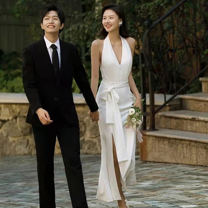 ドレス 衣装 ウエディングドレス 披露宴ドレス ロングドレス ホルダーネック ウエストリボン マーメイドスカート バックシャン スリット ステージドレス ロング丈 かわいい 大人可愛い きれいめ