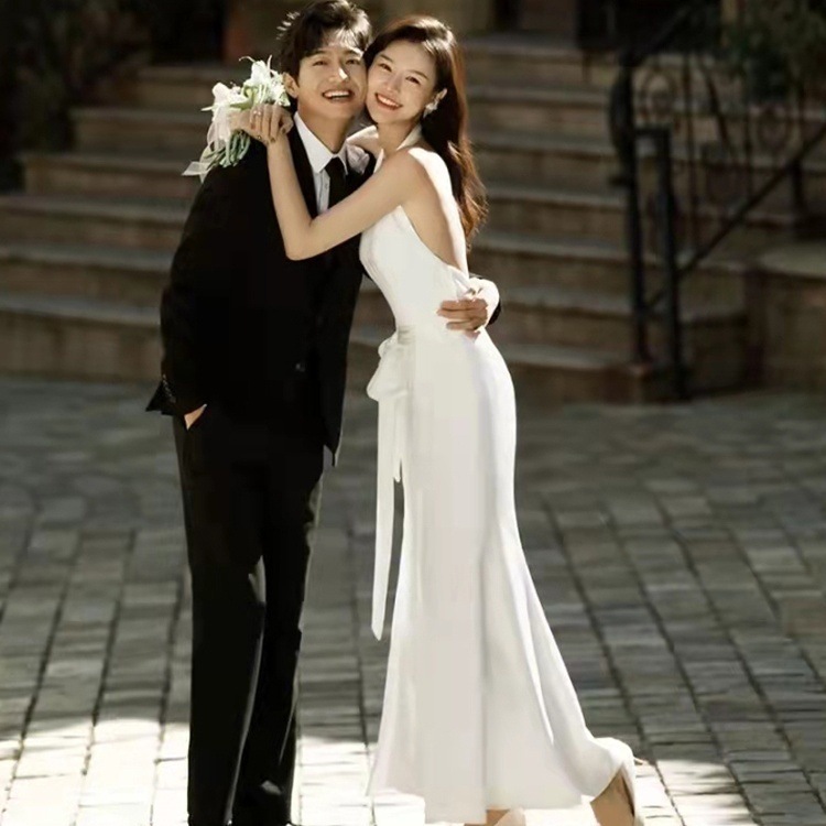 ドレス 衣装 ウエディングドレス 披露宴ドレス ロングドレス ホルダーネック ウエストリボン マーメイドスカート バックシャン スリット ステージドレス ロング丈 かわいい 大人可愛い きれいめ