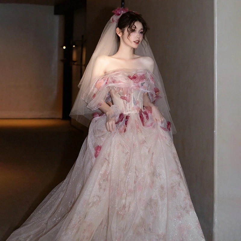 イブニングドレス オフショルダー 花柄 チュール ドレス 姫系 お姫様 ロングドレス 発表会ドレス オフショルダ 結婚式ドレス 二次会ドレス ウェディングドレス 花柄 可愛い ウエディングベール付き