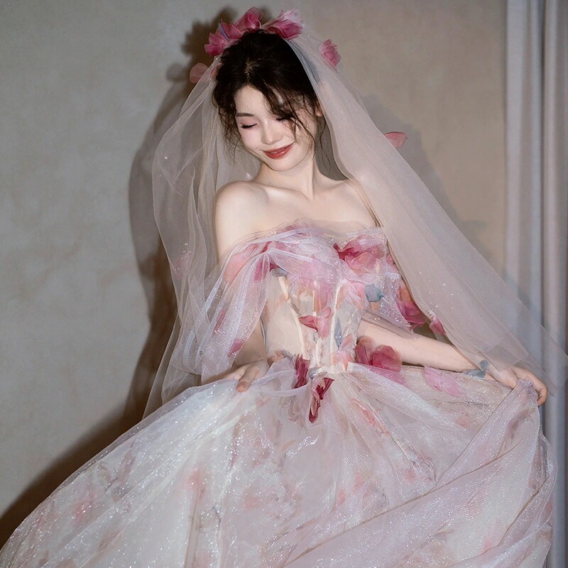 イブニングドレス オフショルダー 花柄 チュール ドレス 姫系 お姫様 ロングドレス 発表会ドレス オフショルダ 結婚式ドレス 二次会ドレス ウェディングドレス 花柄 可愛い ウエディングベール付き