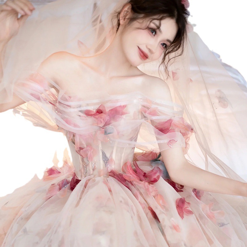 イブニングドレス オフショルダー 花柄 チュール ドレス 姫系 お姫様 ロングドレス 発表会ドレス オフショルダ 結婚式ドレス 二次会ドレス ウェディングドレス 花柄 可愛い ウエディングベール付き
