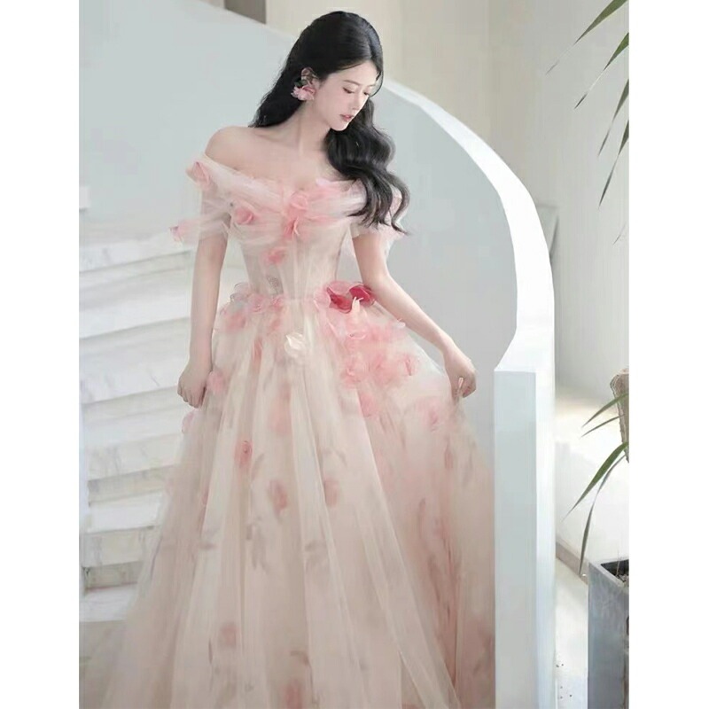 イブニングドレス オフショルダー 花柄 チュール ドレス 姫系 お姫様 ロングドレス 発表会ドレス オフショルダ 結婚式ドレス 二次会ドレス ウェディングドレス 花柄 可愛い ウエディングベール付き
