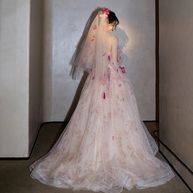 イブニングドレス オフショルダー 花柄 チュール ドレス 姫系 お姫様 ロングドレス 発表会ドレス オフショルダ 結婚式ドレス 二次会ドレス ウェディングドレス 花柄 可愛い ウエディングベール付き