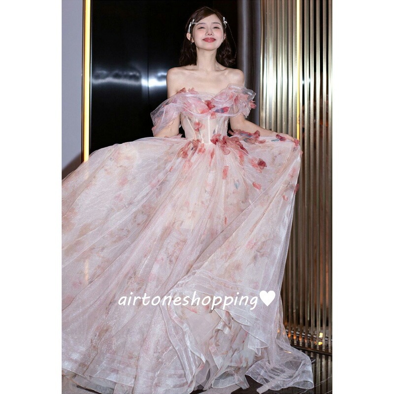 イブニングドレス オフショルダー 花柄 チュール ドレス 姫系 お姫様 ロングドレス 発表会ドレス オフショルダ 結婚式ドレス 二次会ドレス ウェディングドレス 花柄 可愛い ウエディングベール付き
