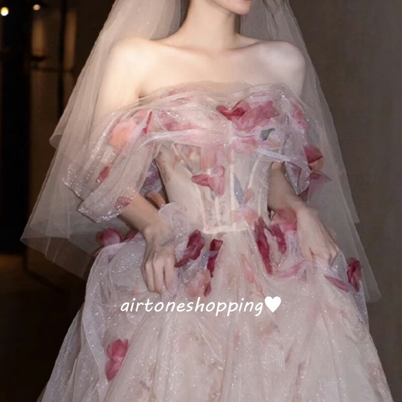 イブニングドレス オフショルダー 花柄 チュール ドレス 姫系 お姫様 ロングドレス 発表会ドレス オフショルダ 結婚式ドレス 二次会ドレス ウェディングドレス 花柄 可愛い ウエディングベール付き