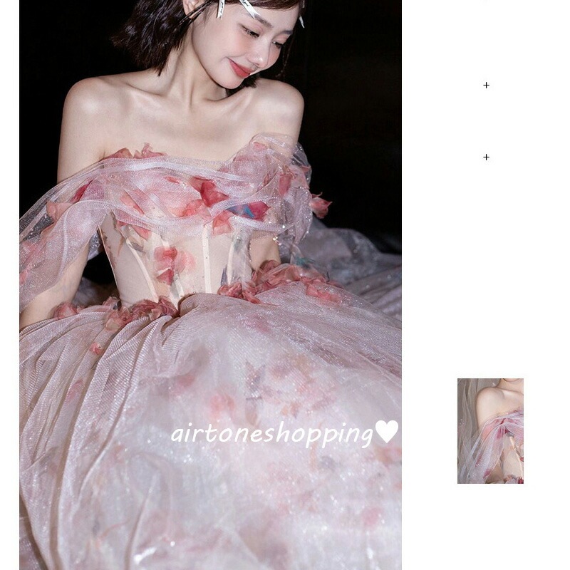イブニングドレス オフショルダー 花柄 チュール ドレス 姫系 お姫様 ロングドレス 発表会ドレス オフショルダ 結婚式ドレス 二次会ドレス ウェディングドレス 花柄 可愛い ウエディングベール付き