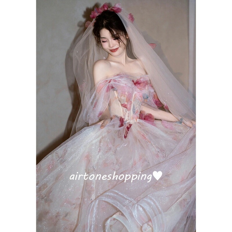 イブニングドレス オフショルダー 花柄 チュール ドレス 姫系 お姫様 ロングドレス 発表会ドレス オフショルダ 結婚式ドレス 二次会ドレス ウェディングドレス 花柄 可愛い ウエディングベール付き