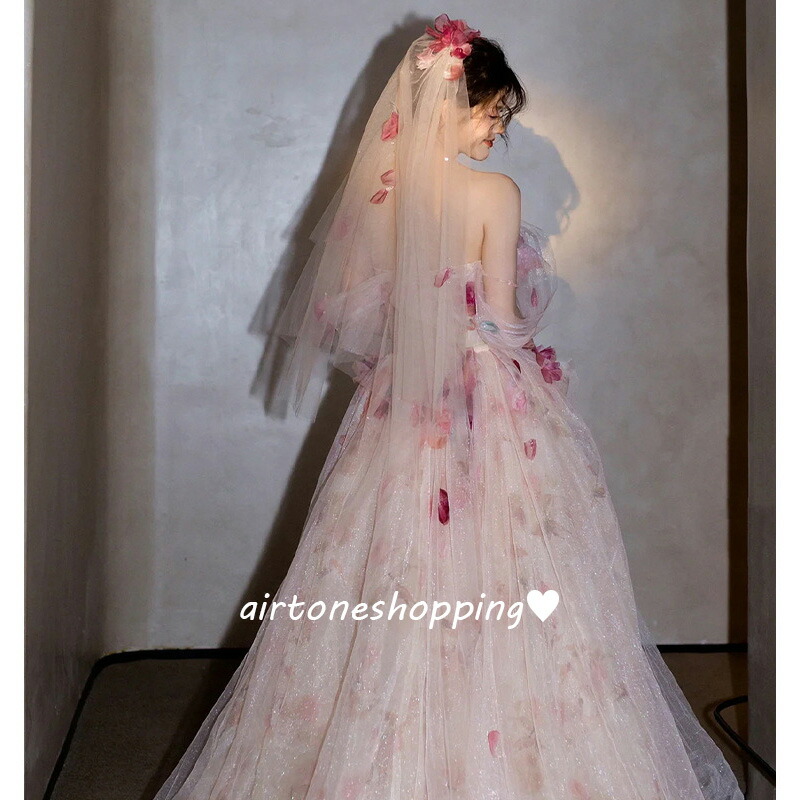 ウェディングドレス オフショルダー 花柄 姫系 花嫁ドレス ロングドレス ウェディング Vネック 結婚式ドレス トレーンドレス 海外挙式 二次会ドレス