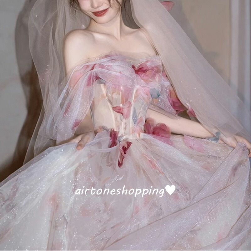イブニングドレス オフショルダー 花柄 チュール ドレス 姫系 お姫様 ロングドレス 発表会ドレス オフショルダ 結婚式ドレス 二次会ドレス ウェディングドレス 花柄 可愛い ウエディングベール付き