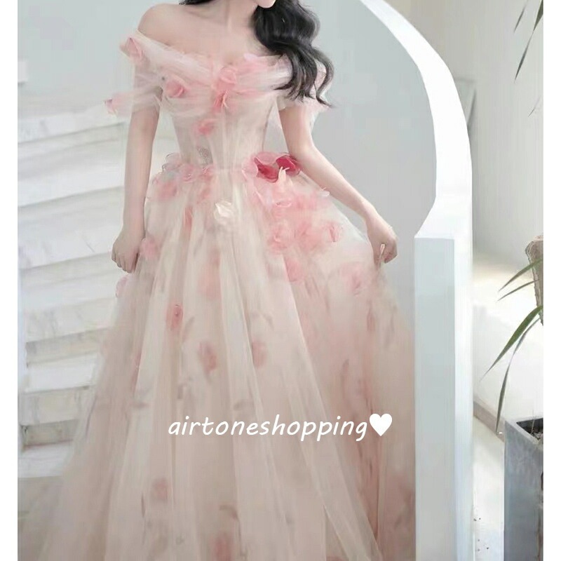 イブニングドレス オフショルダー 花柄 チュール ドレス 姫系 お姫様 ロングドレス 発表会ドレス オフショルダ 結婚式ドレス 二次会ドレス ウェディングドレス 花柄 可愛い ウエディングベール付き